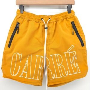 Carre Mens Shorts Medium Mustard Yellow Graphic Logo Streetwear Zipper Pockets